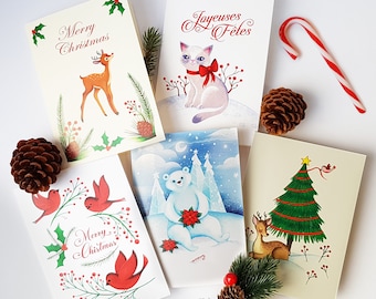 Christmas Card Pack (Set of 5) Holiday Card Set, Handmade cards with animal art