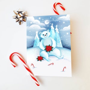 Ours polaire avec carte de Noël Poinsettia, cartes de vœux, cartes de vacances