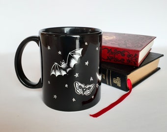 Black Halloween Mug, Moon, Moth and Bats Illustration, Gothic Mug