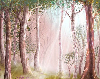 Pink Enchanted Forest, Landscape Painting, Forest Wall Art