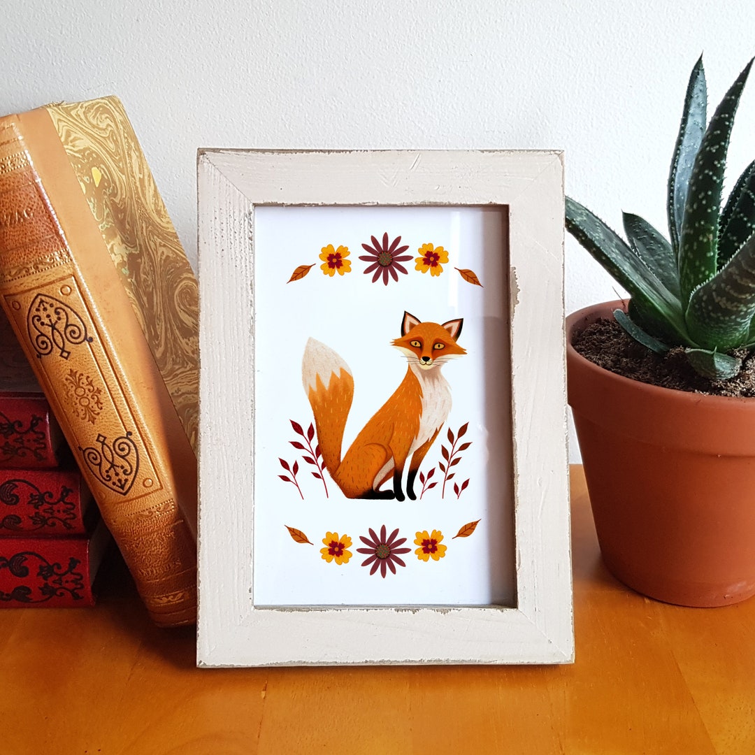 Fox Design Frame Framed Fox Illustration, Fox Wall Art in a 5 X 7 Wooden Frame, Rustic ...