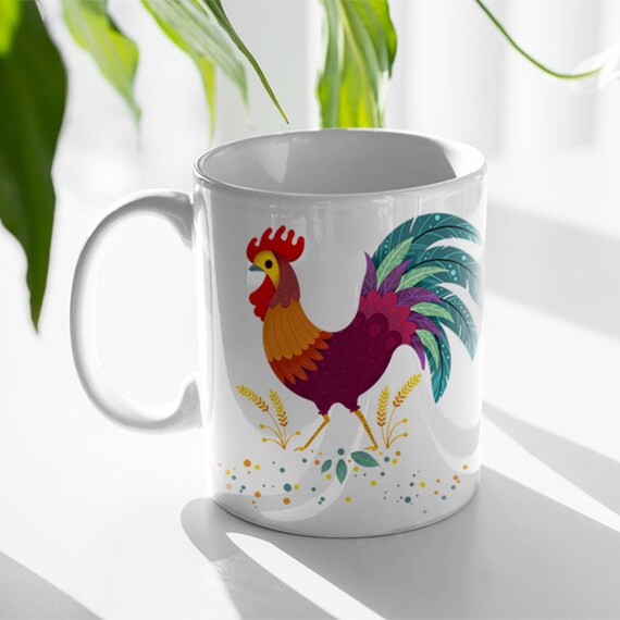 Rooster and Chicken Farmhouse mug, Farmer gift, Colourful Illustrated Mug for Chicken lovers