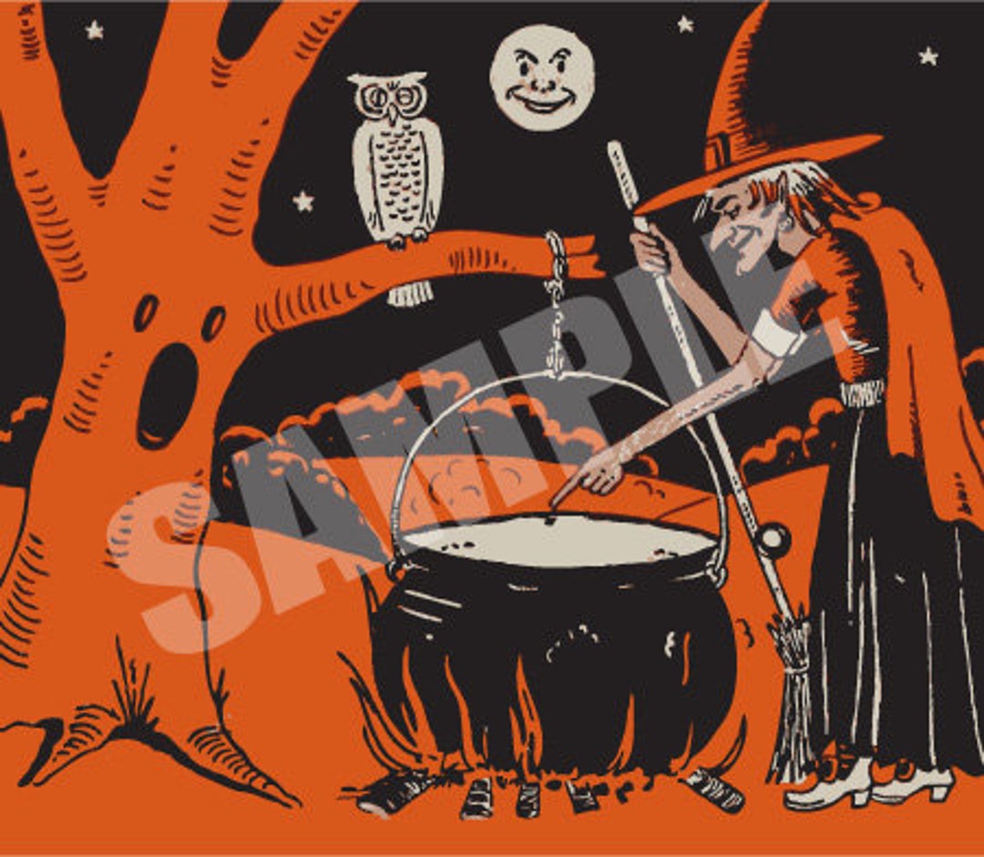 Vintage Halloween Digital Image. Witch With Cauldron. 300dpi - Etsy