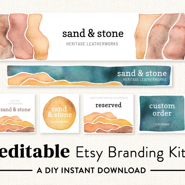 Boho Desert Landscape |  Etsy Shop Branding Kit | Watercolor Etsy Banner | Etsy Shop Graphics | Corjl Editable Template | Etsy Store Set