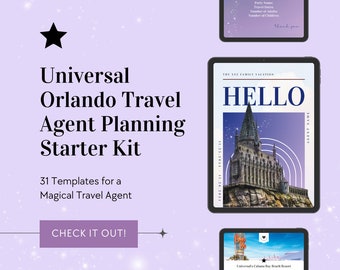 Zestaw startowy dla agenta podróży Universal Studios Orlando, szablon Universal Travel Agent, szablon Canva, szablon agenta podróży, Canva