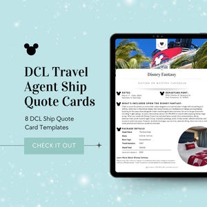 May include: A digital tablet displays a Disney cruise quote card template. The card features the text "DCL Travel Agent Ship Quote Cards" and "8 DCL Ship Quote Card Templates." The tablet also shows a Disney Fantasy cruise itinerary.