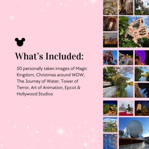 May include: A collage of 50 images showcasing various attractions at Walt Disney World, including Magic Kingdom, Epcot, Hollywood Studios, and the Journey of Water. The images capture the festive atmosphere of Christmas at WDW, the iconic Tower of Terror, and the whimsical Art of Animation.
