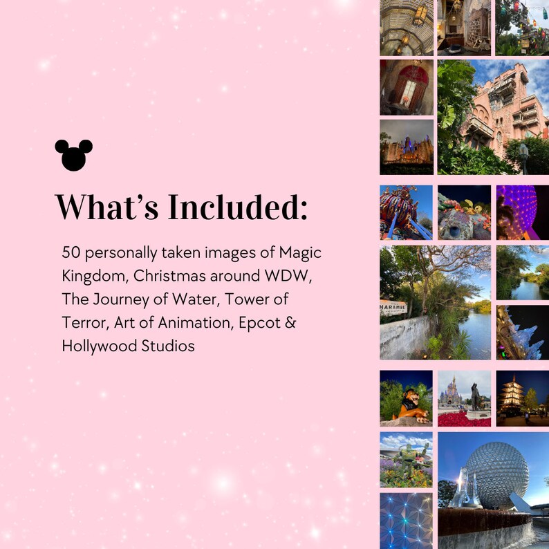 May include: A collage of 50 images showcasing various attractions at Walt Disney World, including Magic Kingdom, Epcot, Hollywood Studios, and the Journey of Water. The images capture the festive atmosphere of Christmas at WDW, the iconic Tower of Terror, and the whimsical Art of Animation.