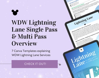 May include: A purple and white graphic with a Mickey Mouse icon and the text "WDW Lightning Lane Single Pass & Multi Pass Overview". The graphic also includes the text "7 Canva Templates explaining WDW Lightning Lane Services" and a button that says "CHECK IT OUT!" The graphic is overlaid on a background of white stars on a purple background. There are three screenshots of a tablet showing information about Lightning Lane passes.