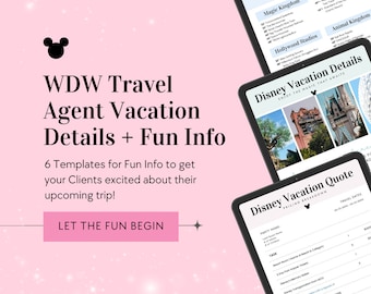 Könnte beinhalten: Ein rosa Hintergrund mit weißen Glitzerpunkten und einem schwarzen Mickey-Maus-Kopf. Der Text "WDW Travel Agent Vacation Details + Fun Info" ist in schwarzer Schrift. Unter dem Text befindet sich ein rosa Button mit der Aufschrift "LET THE FUN BEGIN". Es gibt drei Bilder von Tablets mit Informationen über Disney World-Urlaube. Das erste Tablet zeigt eine Höhentabelle für die verschiedenen Fahrgeschäfte in Disney World. Das zweite Tablet zeigt eine Liste von Urlaubsdetails. Das dritte Tablet zeigt ein Urlaubsangebot.