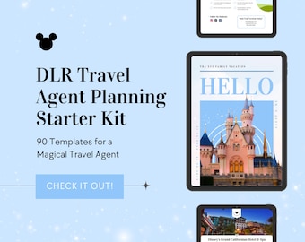 May include: A blue and white digital marketing kit for Disney travel agents. The kit includes 90 templates for planning a magical vacation. The image features a Mickey Mouse icon, a castle, and the text "DLR Travel Agent Planning Starter Kit".