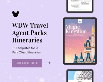 May include: A pink and purple background with a black Mickey Mouse head icon. The text "WDW Travel Agent Parks Itineraries" is in black text. Below the text is a button that says "CHECK IT OUT!" There are three images of Disney Parks: Magic Kingdom, Epcot, and a park itinerary.