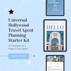 以下が含まれることがあります： 青い背景と星が付いたデジタルプランナー。プランナーのタイトルは「ユニバーサルハリウッド旅行代理店プランニングスターターキット」で、魔法の旅行代理店のための37のテンプレートが含まれています。プランナーには、テキスト「こんにちは」とユニバーサルスタジオハリウッドのエントランスの写真が載った表紙も含まれています。
