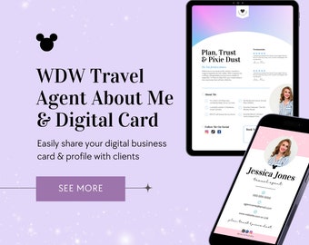Plantilla de información sobre el cliente de agente de viajes de WDW, tarjeta de presentación digital de agente de viajes de WDW, plantillas de Canva, plantillas para agentes de viajes, tarjeta de presentación