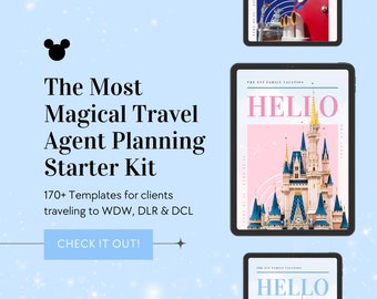 Könnte beinhalten: Ein digitales Marketing-Kit für Reisebüros mit einem Mickey-Mouse-Symbol und Bildern von Schloss Aschenputtel und einem Disney-Kreuzfahrtschiff. Der Text auf dem Bild lautet "The Most Magical Travel Agent Planning Starter Kit" und "170+ Templates for clients travelling to WDW, DLR & DCL".