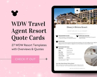 May include: A pink and white digital illustration of a Mickey Mouse head with the text "WDW Travel Agent Resort Quote Cards" and "27 WDW Resort Templates with Overviews & Quotes". Below the text is a pink button that says "CHECK IT OUT". The background is a pink gradient with white sparkles. The image also shows a digital illustration of a resort hotel with the text "Disney's Riviera Resort EPCOT Deluxe Villa Resort" and a sample quote card with details about transportation, dining, and package details.
