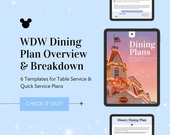 May include: A blue and white graphic with a Mickey Mouse icon and the text "WDW Dining Plan Overview & Breakdown" with a call to action button that says "CHECK IT OUT!"  The graphic also features a tablet screen displaying a Disney Dining Plan overview with the text "Dining Plans" and "Disney dining or quick service".