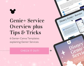 May include: A pink background with a black Mickey Mouse icon and the text "Genie+ Service Overview plus Tips & Tricks".  There are three images of tablets with the text "Disney Genie+ Service" and information about the service.