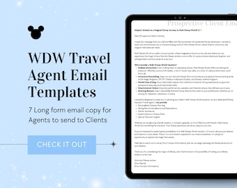May include: A blue and white illustration of Mickey Mouse with the text "WDW Travel Agent Email Templates" and "7 Long form email copy for Agents to send to Clients". The text "CHECK IT OUT" is in a blue button with a white arrow pointing to the right.