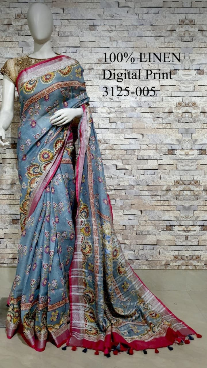 Digital print Organic Linen saree Available in multiple Etsy