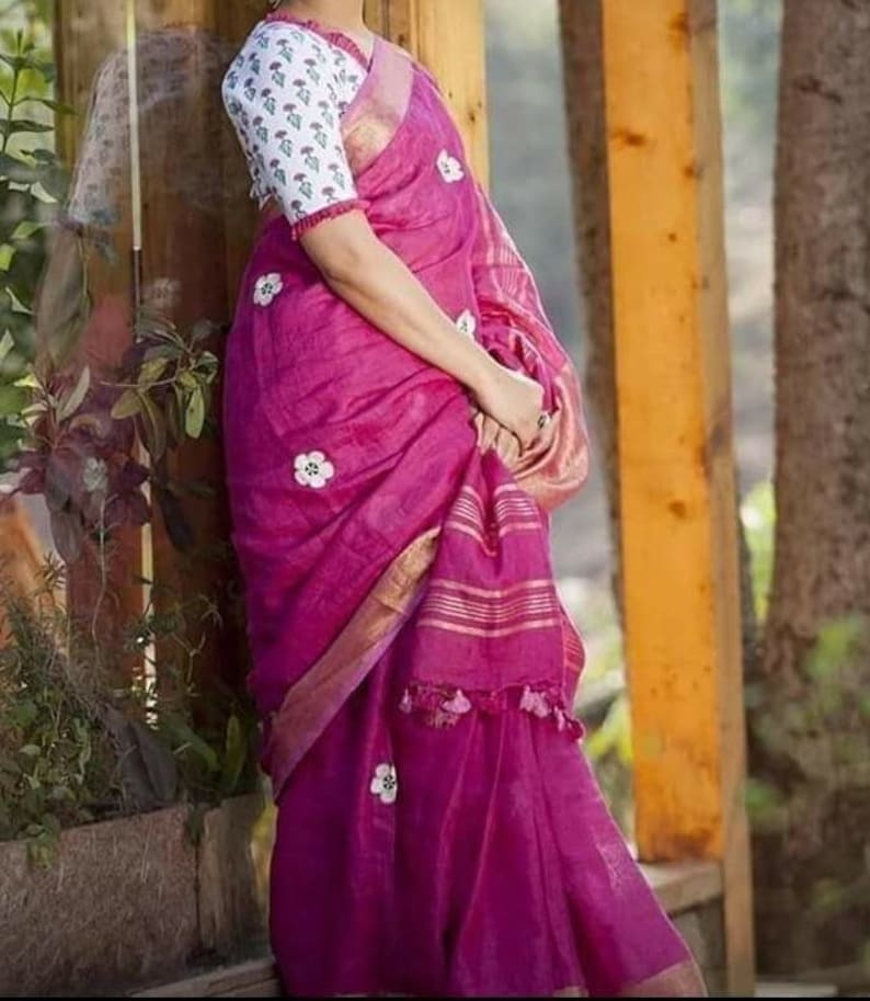 Organic Linen Saree With Beautiful Embroidery All Over Etsy