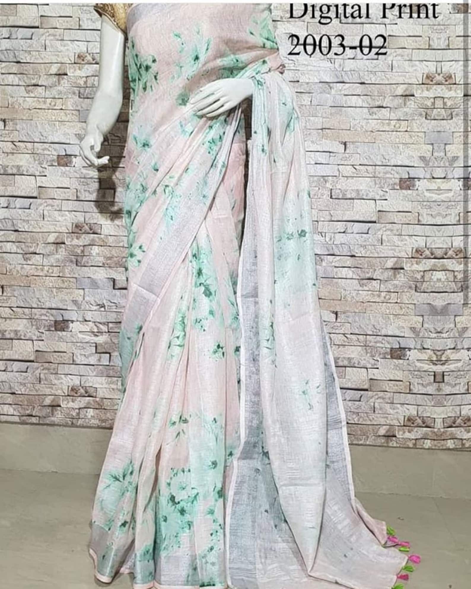 Digital Print Organic Linen Saree Available in Multiple Etsy