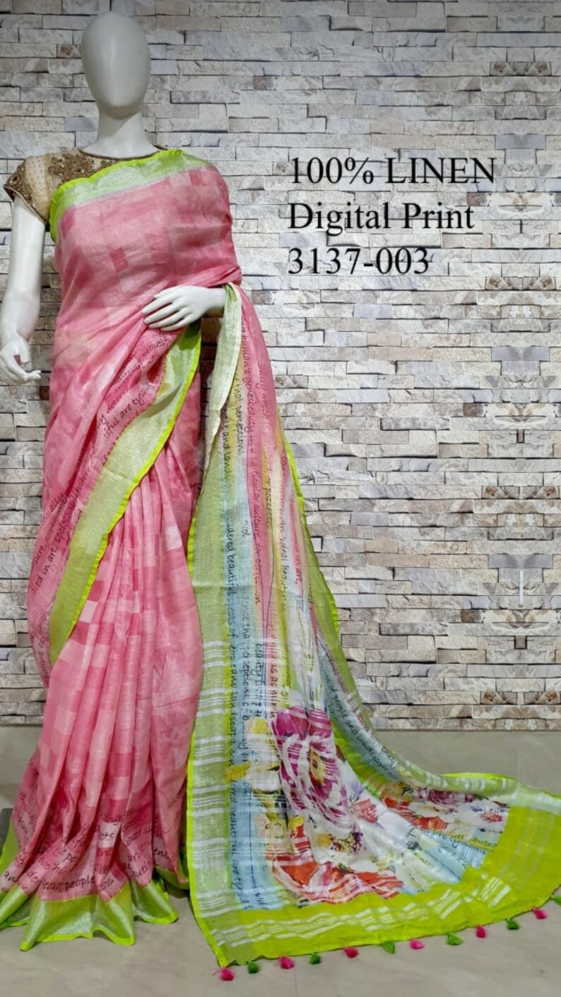 Digital Print Organic Linen Saree Available in Multiple Etsy