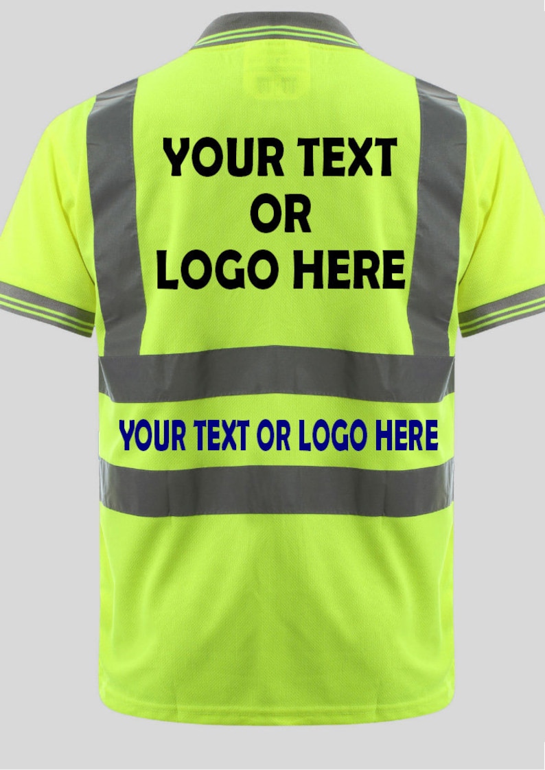 May include: A bright yellow polo shirt with reflective silver stripes. The back of the shirt has the text "YOUR TEXT OR LOGO HERE" printed in black.