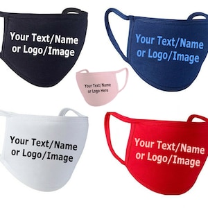Personalisierte Gesichtsmaske mit Ihrem Logo oder Text, waschbare / wiederverwendbare Gesichtsmasken, bequeme und atmungsaktive 2-lagige Baumwollmaske für Erwachsene.