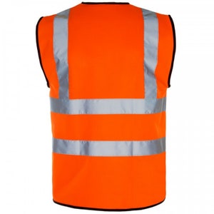May include: Orange safety vest with three reflective silver stripes. The vest has black trim around the armholes and bottom.