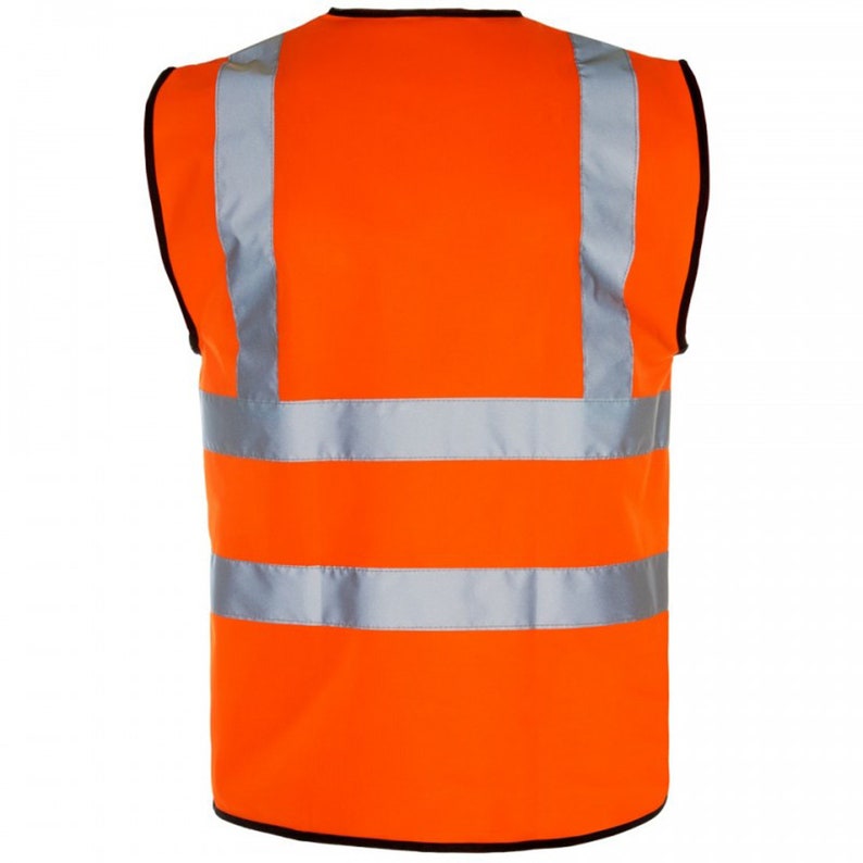 May include: Orange safety vest with three reflective silver stripes. The vest has black trim around the armholes and bottom.