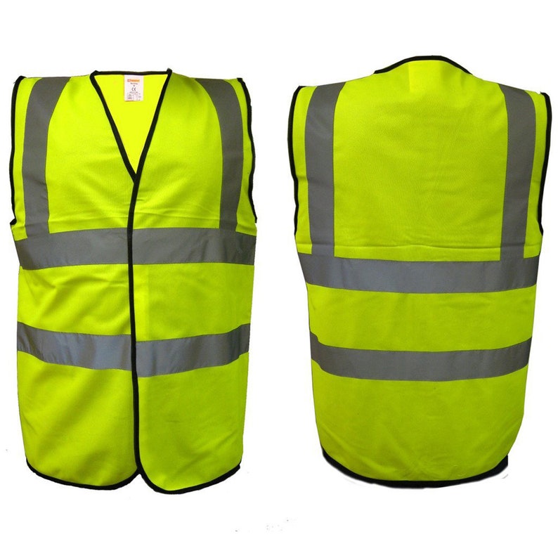 May include: A bright yellow safety vest with two horizontal reflective silver stripes. The vest has a V-neck and a zipper closure.