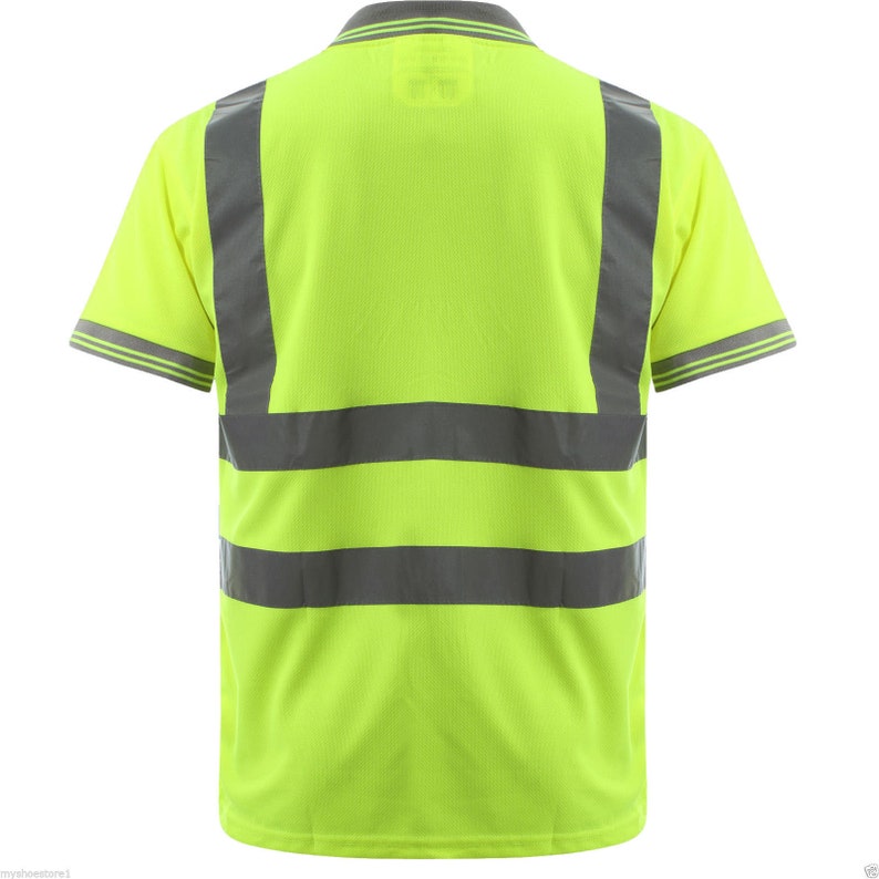 May include: A bright yellow safety polo shirt with reflective silver stripes. The shirt has a collared neckline and short sleeves.