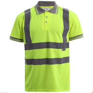 May include: A bright yellow short-sleeved polo shirt with reflective gray stripes. The shirt has a button-up collar and a small label that says "KAHON" on the collar.