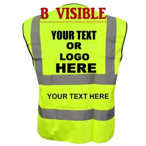 May include: A bright yellow safety vest with reflective silver stripes. The vest has a large black text area on the back that says "YOUR TEXT OR LOGO HERE" and a smaller black text area on the bottom that says "YOUR TEXT HERE".