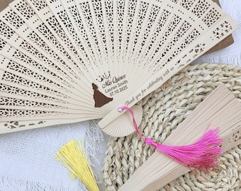 Personalized Sandalwood Quinceañera Fan with Tassel: Rustic Party Favor
