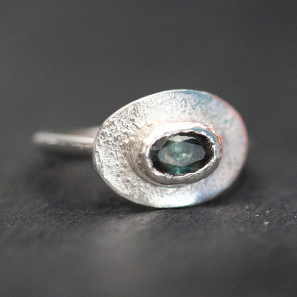 Oval Australian green parti sapphire ring - Handmade in Australia from recycled sterling silver with a hammered bezel setting, textured band