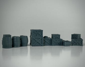 Crates and Barrels Set DnD Terrain, Unpainted Resin, 15mm, 28mm or 32mm