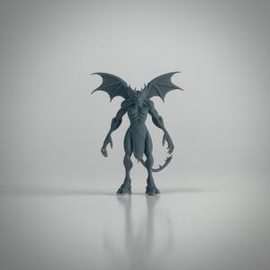 May include: A gray 3D printed miniature of a demon with wings, a tail, and a horned head. The demon is standing with its wings spread out.