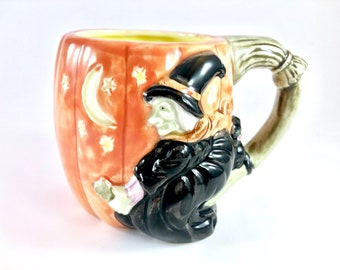 vintage fitz and floyd ceramic halloween witch and jack o lantern coffee mug 1987