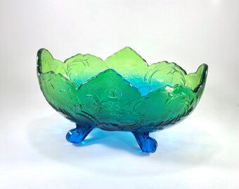 Vintage Jeannette Carnival Glass Blue Green Footed Fruit Bowl Home decor