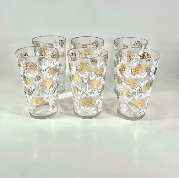 Vintage Clear Glass Tumblers Drinking Glasses Gold Flower and White Leaves  Design Set of Six Retro Kitchen Bar Ware Pink Belly Vintage 