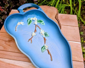 1947 Roseville Pottery Snowberry Blue Console Tray | Handled Leaf Dish, American Art Pottery