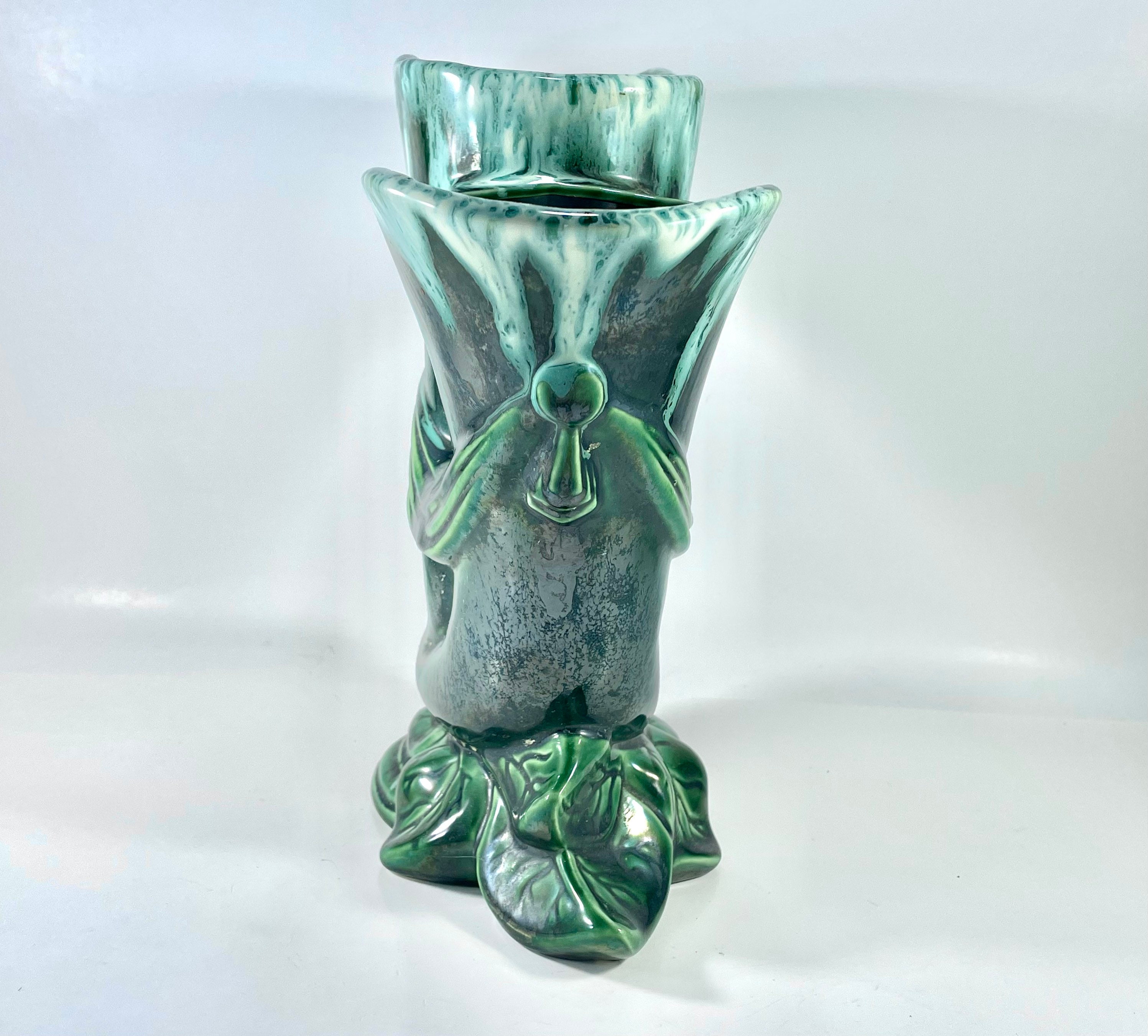 Vintage Green Pottery Two-sided Art Deco Scroll Planter Vase Retro