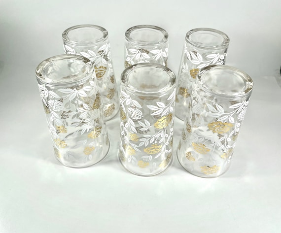 Vintage Clear Glass Tumblers Drinking Glasses Gold Flower and