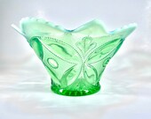 Antique Victorian Dugan Glass Co Green Uranium Glass Opalescent Wheel Block Pattern Bowl Vintage Decor