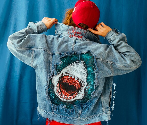 Shark custom hand painted denim jacket 