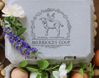 Goat and Chicken Rubber Stamp - Egg Carton Stamp - Farm Stamp - Fresh Chicken Eggs - Chicken Custom Stamp - Floral Egg Carton Stamp