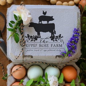 Custom Rubber Stamp - Egg Carton Stamp - Farm Stamp - Fresh Chicken Eggs - Chicken Custom Stamp - Floral Egg Stamp - Cow Pig Chicken Stamp