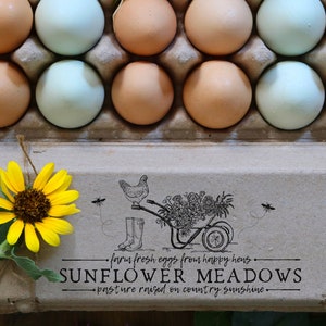 Sello de goma de pollo y jardinería - sello de goma personalizado de pollo - sello de cartón de huevo - sello de la granja - sello de granja de pollo floral